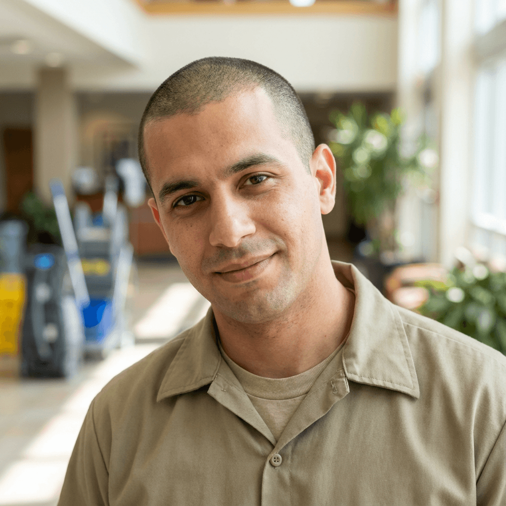 A smiling man with a buzz cut wearing a tan collared shirt indoors.