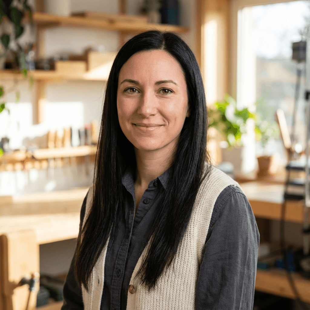 Smiling woman with long black hair in a cream vest standing in a sunlit workshop.