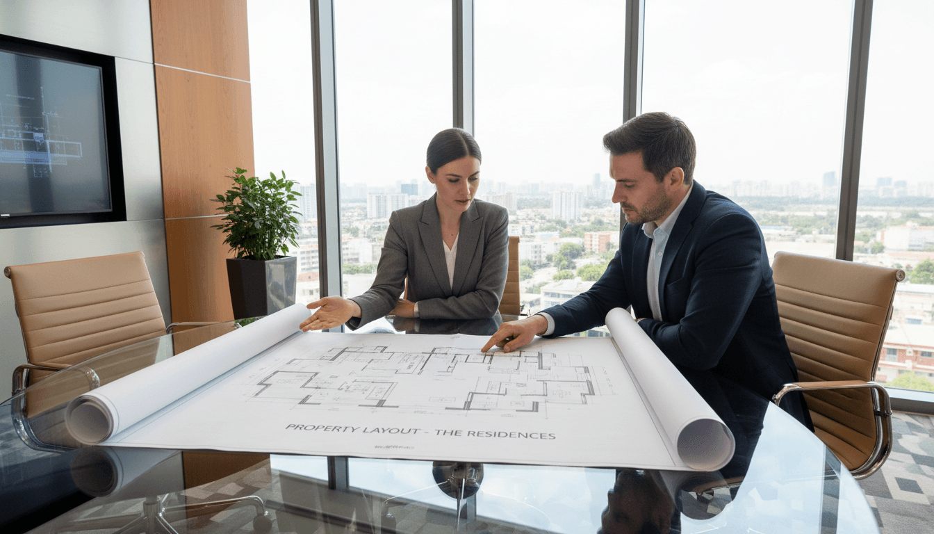 Real estate agent presenting property plans