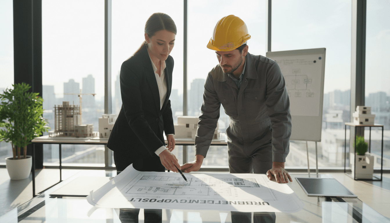 Real estate agent at a desk reviewing documents with a developer in a bright office
