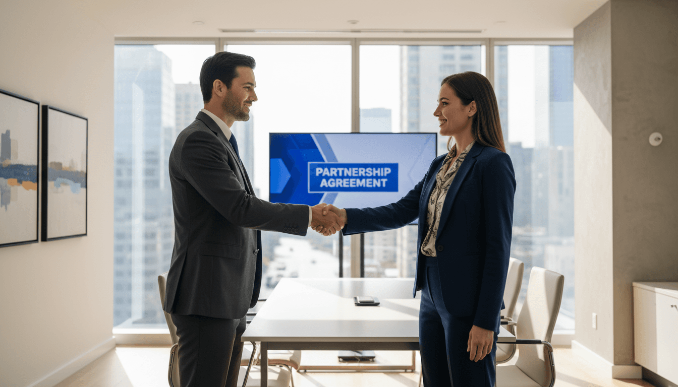 Two professionals in a modern office shaking hands after an agreement