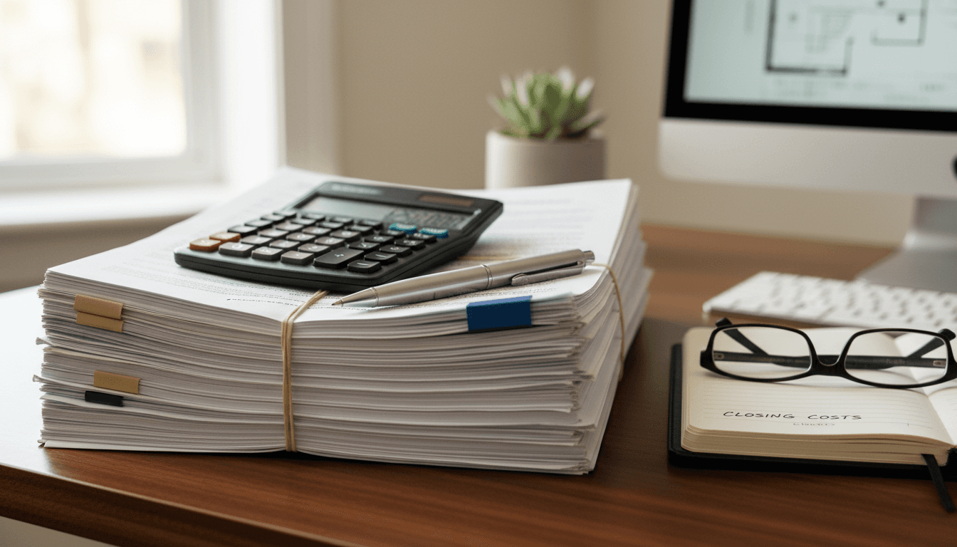 Stack of real estate papers and a pen on a desk with a calculator nearby