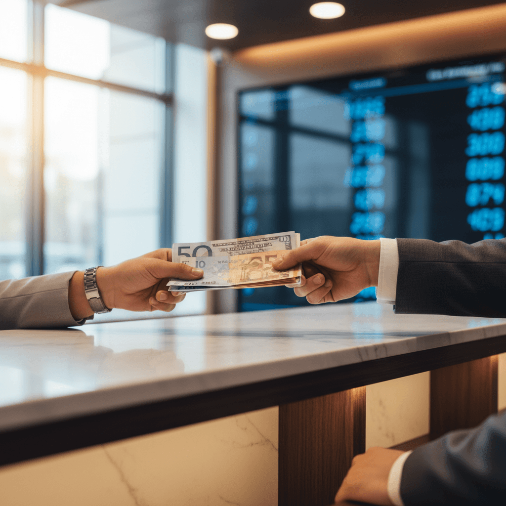 Professional staff member and customer exchanging foreign currency cash across modern financial counter