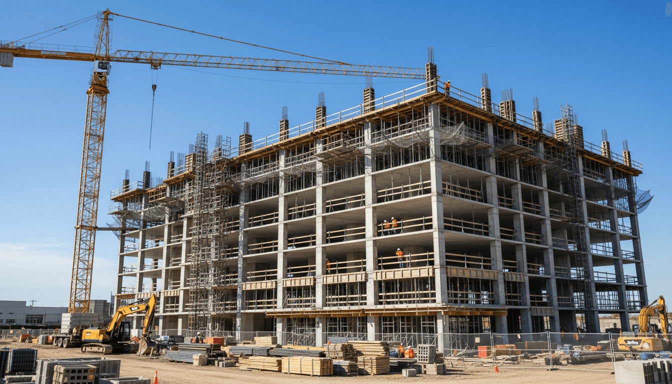 Modern construction site with tower cranes against a blue sky