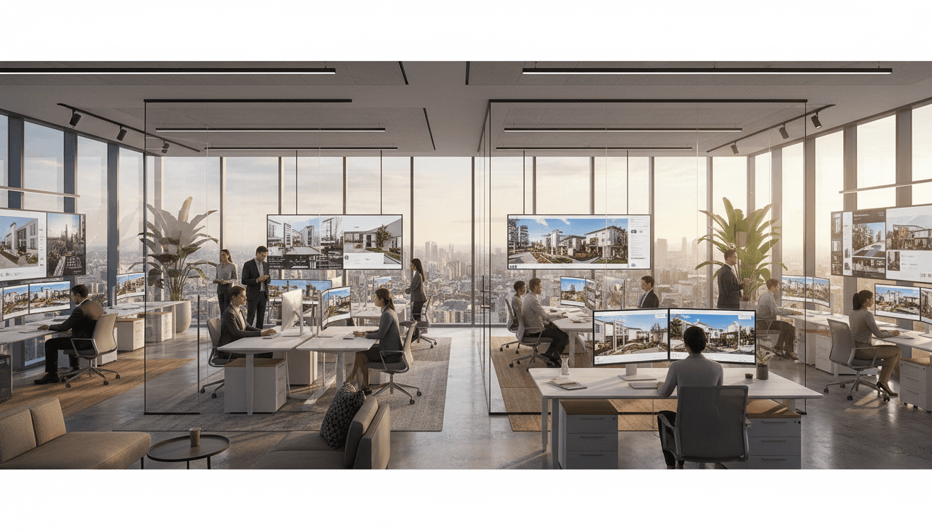 Modern real estate office with multiple agents working at desks, large windows overlooking city skyline