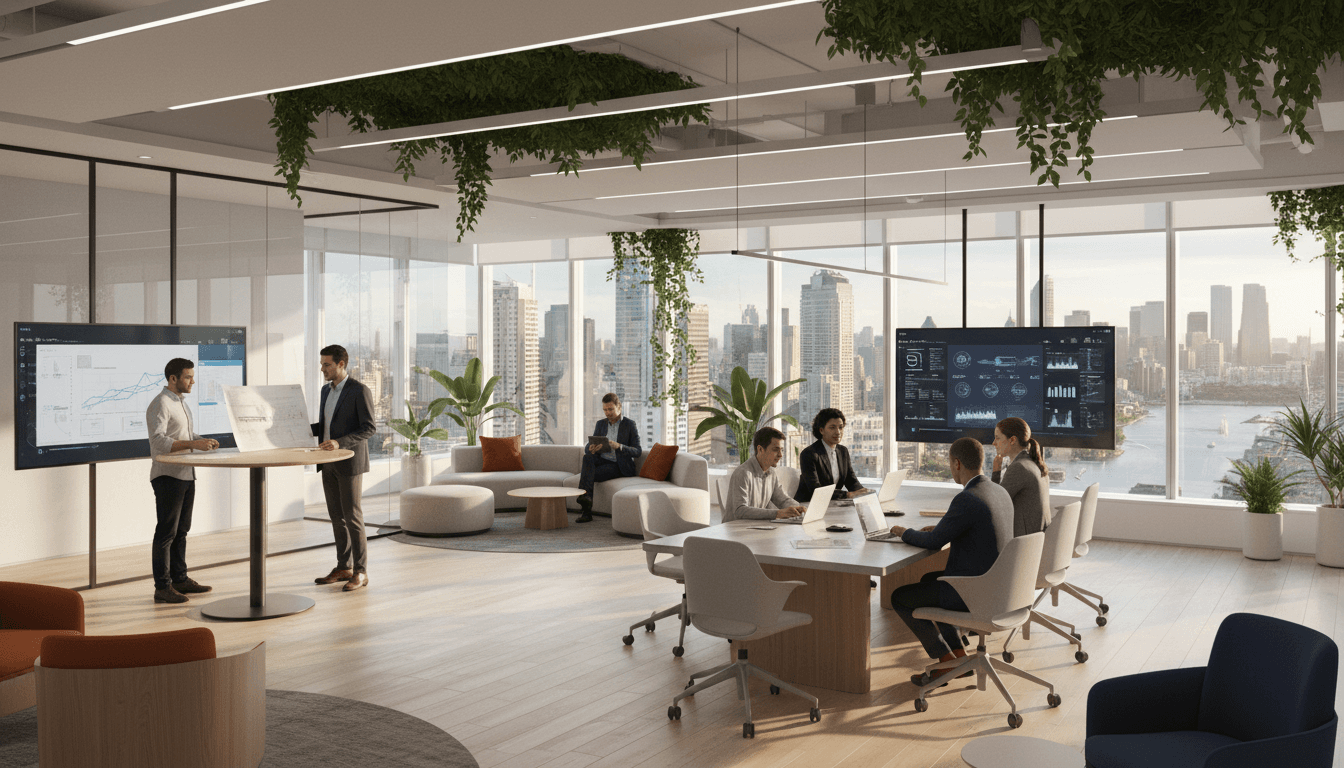 Modern open-plan consulting office with diverse professionals collaborating at desks with city skyline visible through windows