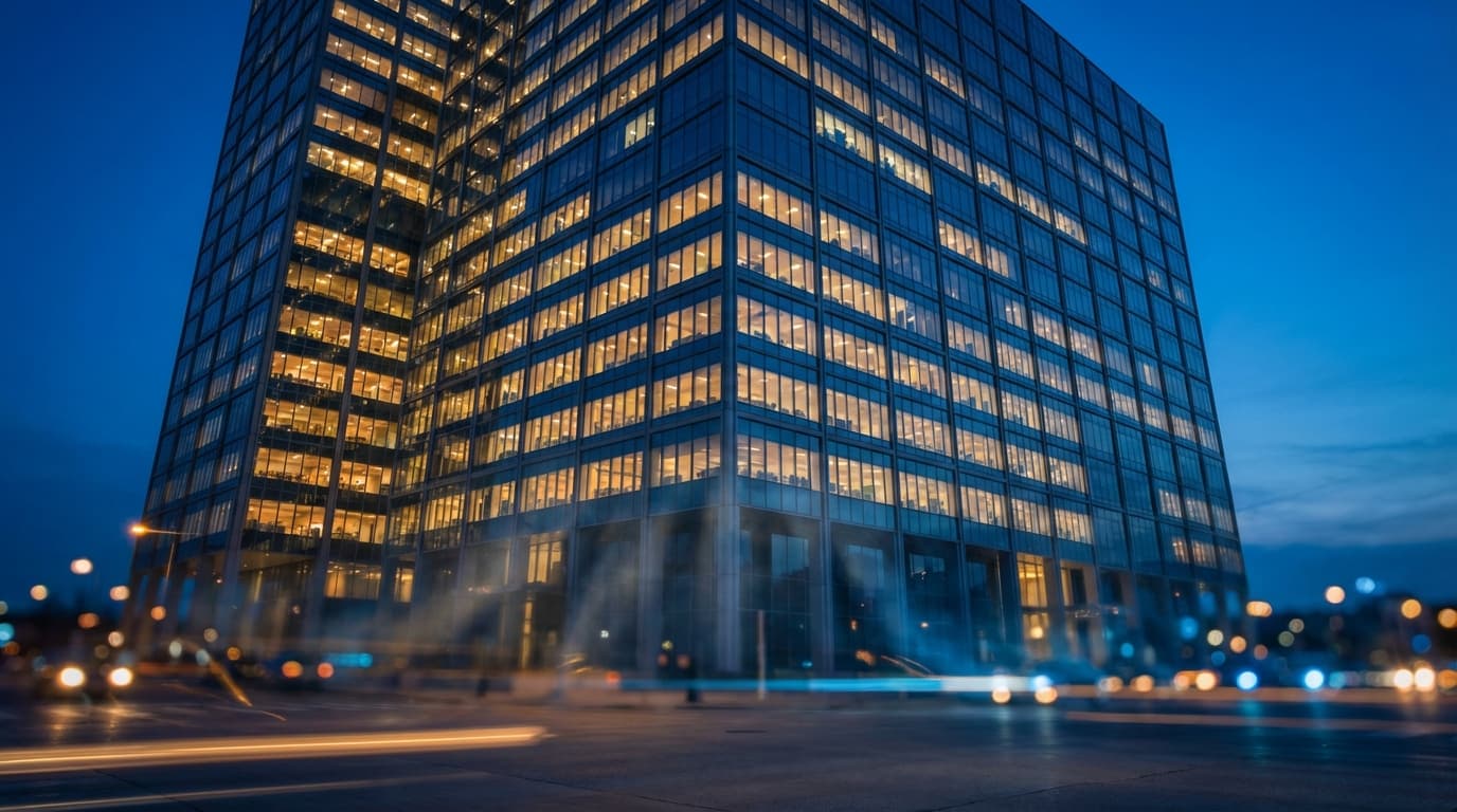 Modern office building exterior with glass facade and blue sky